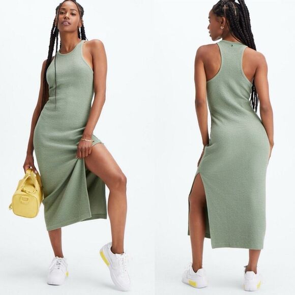 Fabletics Dresses & Skirts - Fabletics Crinkle Knit Tank Dress Desert Cactus Green Midi Slit Stretchy Size L